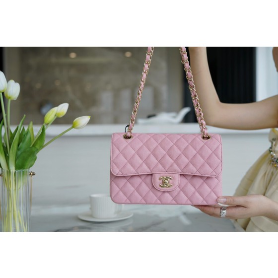 𝐂𝐇𝐀𝐍𝐄𝐋 Classic Flap France 🇫🇷 𝐇𝐚𝐚𝐬 Original Caviar🐂 Washed Fetal Cow Small 🌸Pink