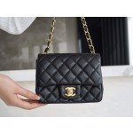 𝐂𝐇𝐀𝐍𝐄𝐋 Classic Flap France 𝐇𝐚𝐚𝐬Original Lychee Pattern🐂 Classic Flap Bag Fang Fatty🔆Black Gold🖤