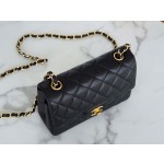 𝐂𝐇𝐀𝐍𝐄𝐋 Classic Flap France 𝐇𝐚𝐚𝐬Original Lychee Pattern🐂 Classic Flap Bag Big 𝒎𝒊𝒏𝒊🔆Black Gold🖤