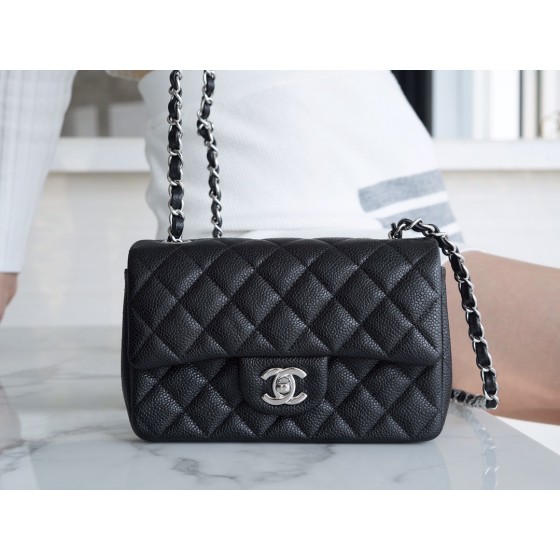 𝐂𝐇𝐀𝐍𝐄𝐋 Classic Flap France 𝐇𝐚𝐚𝐬Original Lychee Pattern🐂 Classic Flap Bag Big 𝒎𝒊𝒏𝒊🔆Black Silver🖤
