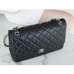 𝐂𝐇𝐀𝐍𝐄𝐋 Classic Flap Italy 🇮🇹 The 𝗚𝗥" Original Lambskin 🐑 Genuine Leather Large - Black Sheep Silver 🖤