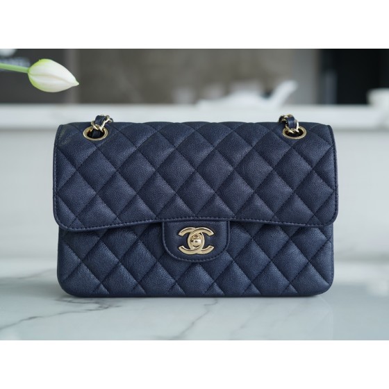 𝐂𝐇𝐀𝐍𝐄𝐋 Classic Flap washed cowhide is made from the most delicate newborn calves washed fetal cow small dark blue