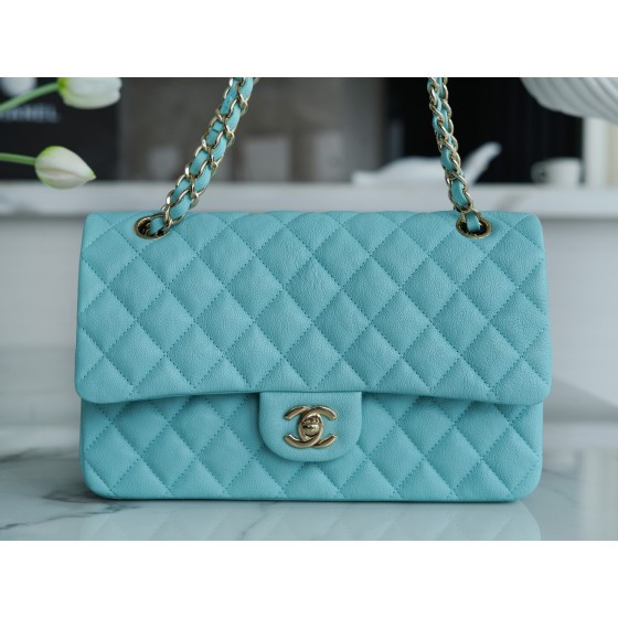 𝐂𝐇𝐀𝐍𝐄𝐋 Classic Flap washed cowhide is made from the most delicate of newborn calves Washed fetal cow Medium Tiffany Blue