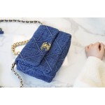 𝗖𝗛𝗔𝗡𝗘𝗟 ❶❾ 𝗕𝗔𝗚 Original Denim fabric series ❥ Genuine leather ❥ Small ❥𝟮𝟮𝗣 Denim Denim Denim Blue 🧢