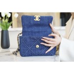 𝗖𝗛𝗔𝗡𝗘𝗟 ❶❾ 𝗕𝗔𝗚 Original Denim fabric series ❥ Genuine leather ❥ Small ❥𝟮𝟮𝗣 Denim Denim Denim Blue 🧢