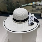 [CHANEL Chanel] 2023 new straw woven straw hat with large eaves and colored ribbon