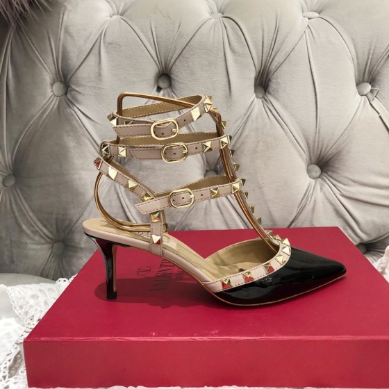 【Valentino】Valentino Valentino top version black patent leather 3 strap 6.5cm high heels