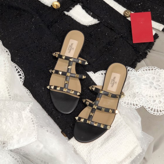 【Valentino】Valentino Top Edition Matte Black 3 Strap Flat Slippers