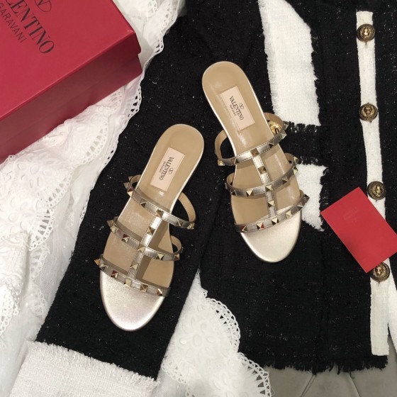 【Valentino】Valentino Top Edition Metallic Gunmetal 3 Strap Flat Slippers