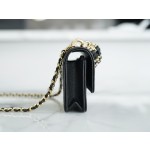 𝗖𝗛𝗔𝗡𝗘𝗟✦✦Italian lychee grain calfskin 𝟮𝟐𝑲 New chain 𝐦𝐢𝐧𝐢 𝐰𝐨𝐜 cell phone bag Black