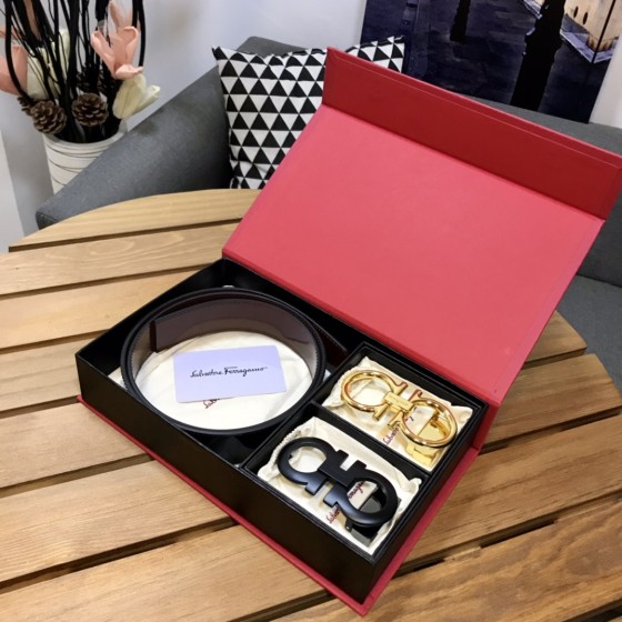 FERRAGAMO high-gloss series, double-button gift box, dual-purpose belt, high-quality pure copper buckle