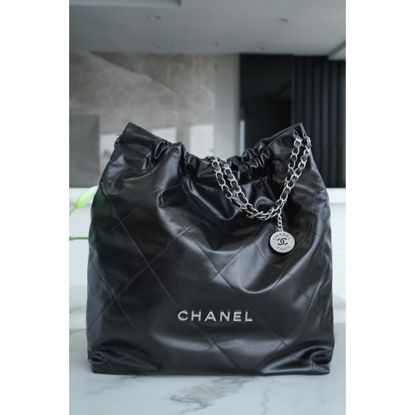 𝗖𝗛𝗔𝗘𝗡𝗟✦𝟐𝟐𝗣 Advanced Handcraft Workshop 𝟐𝟐 Handbag Genuine Leather Large Black Silver