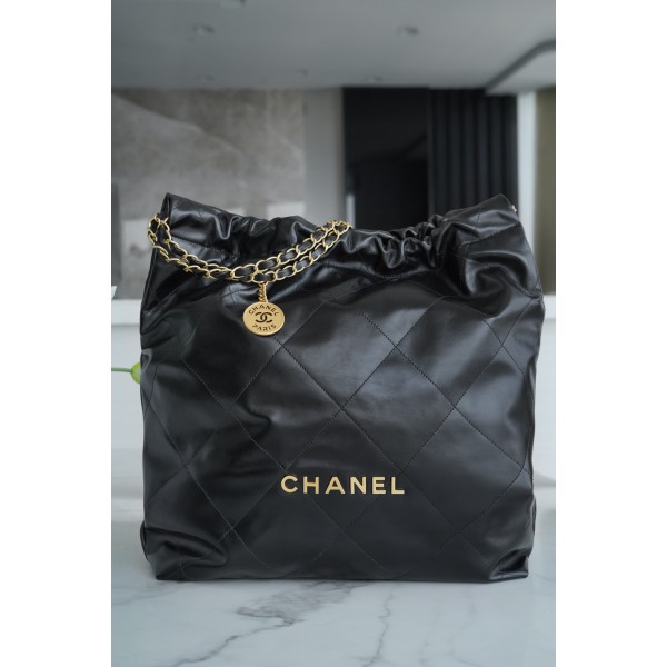 𝗖𝗛𝗔𝗘𝗡𝗟✦𝟐𝟐𝗣 Advanced Handcraft Workshop 𝟐𝟐 Handbag Genuine Leather Large Black Gold