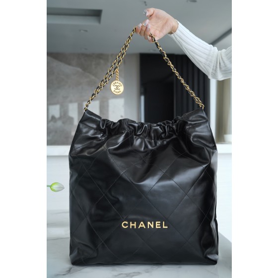 𝗖𝗛𝗔𝗘𝗡𝗟✦𝟐𝟐𝗣 Advanced Handcraft Workshop 𝟐𝟐 Handbag Genuine Leather Large Black Gold