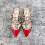 Valentino VT Collection Three Strap Flat Heel Slipper Patent Leather Red