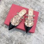 Valentino VT Collection Three Strap Flat Heel Slipper Patent Leather Black