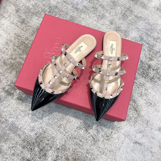 Valentino VT Collection Three Strap Flat Heel Slipper Patent Leather Black