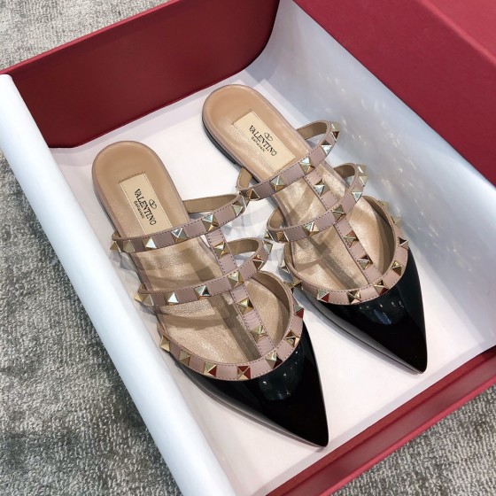 Valentino VT Collection Three Strap Flat Heel Slipper Patent Leather Black