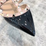 Valentino VT Collection Three Strap Flat Heel Slipper Patent Leather Black