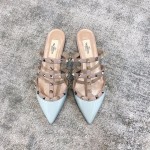 Valentino VT Collection Three Strap Flat Heel Slipper Patent Leather Blue