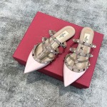 Valentino VT Collection Three Strap Flat Heel Slipper Patent Leather Pink
