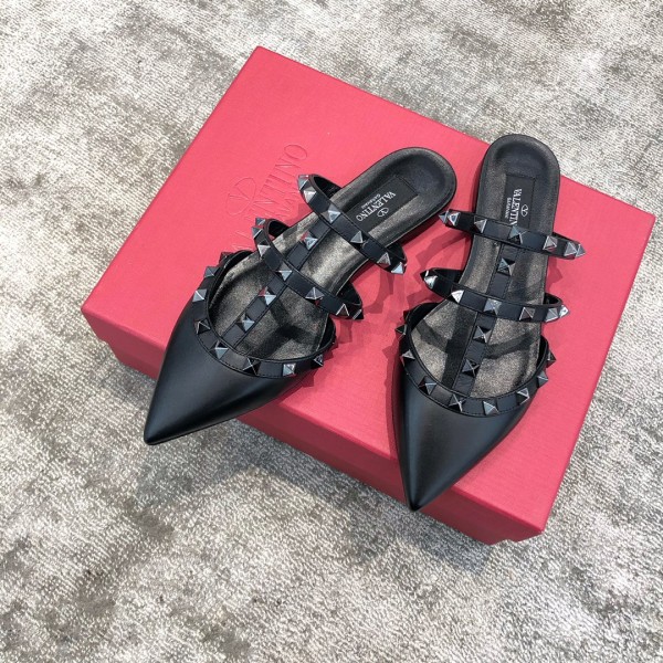 Valentino VT Collection Three Strap Flat Heel Slipper All Black