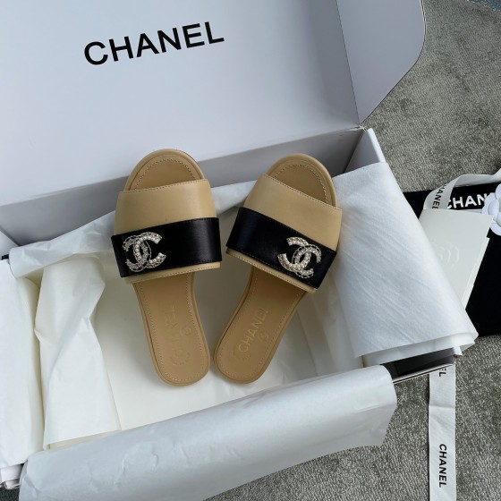 CHANEL Chanel slippers pearl leather strips and small diamond combination imported A grade sheepskin