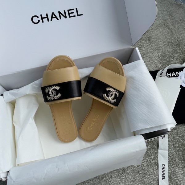 CHANEL Chanel slippers pearl leather strips and small diamond combination imported A grade sheepskin
