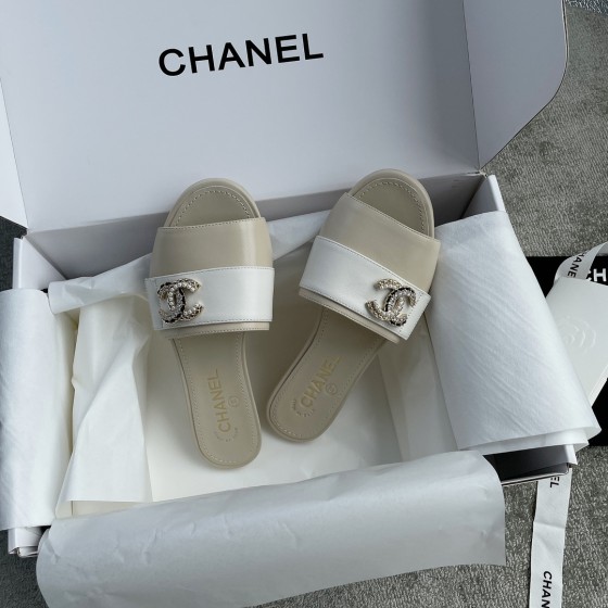 CHANEL Chanel slippers pearl leather strips and small diamond combination imported A grade sheepskin