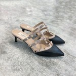 Valentino VT Collection Triple Strap Mid Heel Flip Flop 6.5CM Black Nude Strap