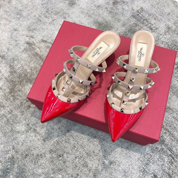 Valentino VT Collection Triple Strap Mid Heel Slipper 6.5CM Patent Leather Red