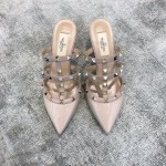 Valentino VT Collection Triple Strap Mid Heel Slipper 6.5CM Patent Leather Nude Pink
