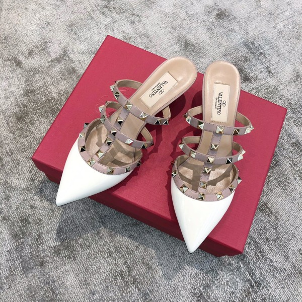 Valentino VT Collection Triple Strap Mid Heel Slipper 6.5CM Patent Leather White