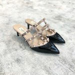 Valentino VT Collection Triple Strap Mid Heel Slipper 6.5CM Patent Leather Black