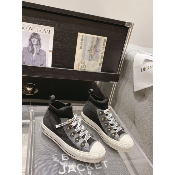 DIOR rattan plaid casual high top shoes fashion board shoes women black