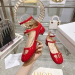 DIOR Retro Fashion Hollow Double Buckle Chunky Heel Mary Jane Shoes 3.5cm Big Red