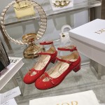 DIOR Retro Fashion Hollow Double Buckle Chunky Heel Mary Jane Shoes 3.5cm Big Red