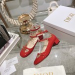 DIOR Retro Fashion Hollow Double Buckle Chunky Heel Mary Jane Shoes 3.5cm Big Red