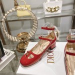 DIOR Retro Fashion Hollow Double Buckle Chunky Heel Mary Jane Shoes 3.5cm Big Red