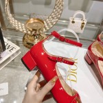 DIOR Retro Fashion Hollow Double Buckle Chunky Heel Mary Jane Shoes 3.5cm Big Red