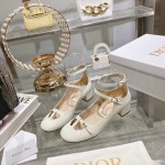 DIOR Retro Fashion Cutout Double Buckle Chunky Heel Mary Jane Shoes 3.5cm Beige