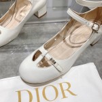 DIOR Retro Fashion Cutout Double Buckle Chunky Heel Mary Jane Shoes 3.5cm Beige