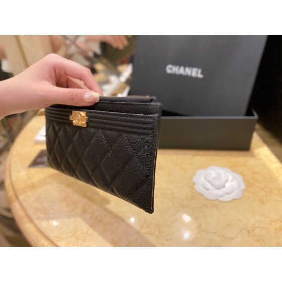 𝗖𝗛𝗔𝗘𝗡𝗟✦ Imported channel special fine grain embossed calfskin 🐂 Leboy Collection Zipper Clutch | Classic Black Gold 👑