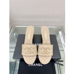 CHANEL 23Ss new diamond check chain double C buckle metal heel slippers sheepskin lining