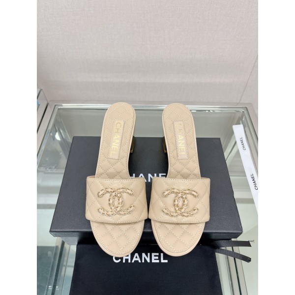CHANEL 23Ss new diamond check chain double C buckle metal heel slippers sheepskin lining