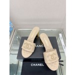 CHANEL 23Ss new diamond check chain double C buckle metal heel slippers sheepskin lining