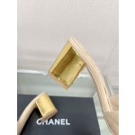 CHANEL 23Ss new diamond check chain double C buckle metal heel slippers sheepskin lining