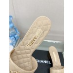 CHANEL 23Ss new diamond check chain double C buckle metal heel slippers sheepskin lining