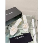 CHANEL 23Ss new diamond check chain double C buckle metal heel slippers sheepskin lining