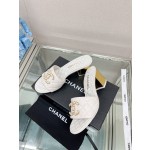 CHANEL 23Ss new diamond check chain double C buckle metal heel slippers sheepskin lining